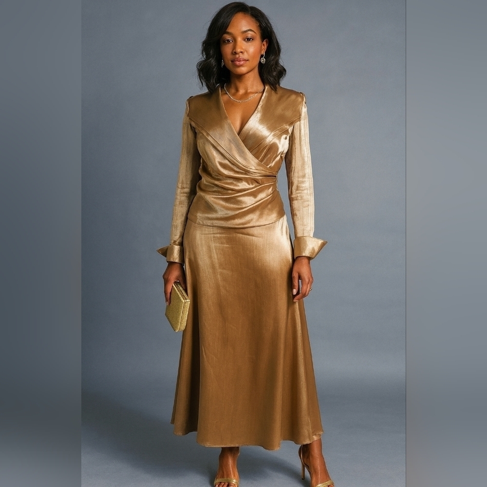 Elegant Gold Wrap Top And Skirt Set. Shimmering Silky Fabric. Size 12.
